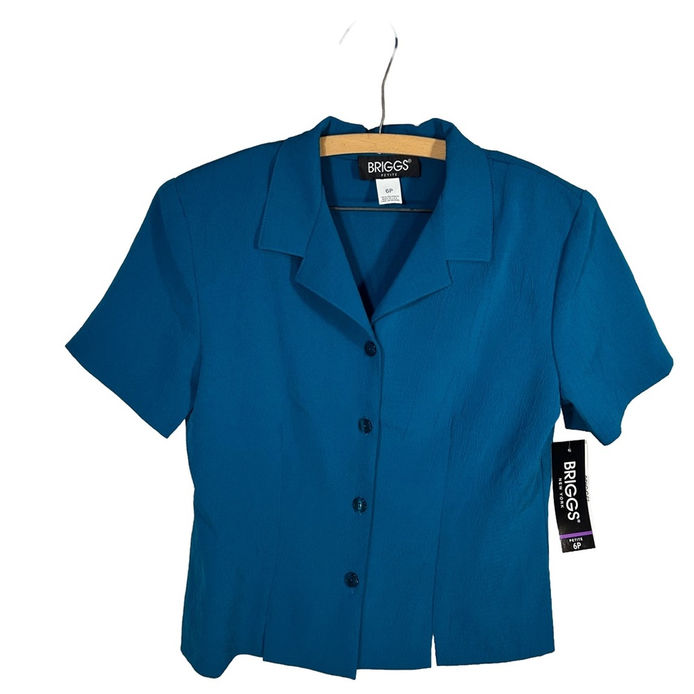 NWT Briggs New York Vintage Petite Teal Short Sleeve Button-Down Blouse 6P